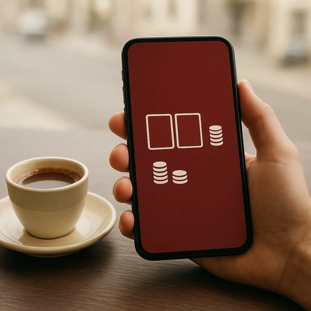 هاتف يعرض واجهة طاولة كازينو على طاولة مقهى بجانب فنجان قهوة عربية